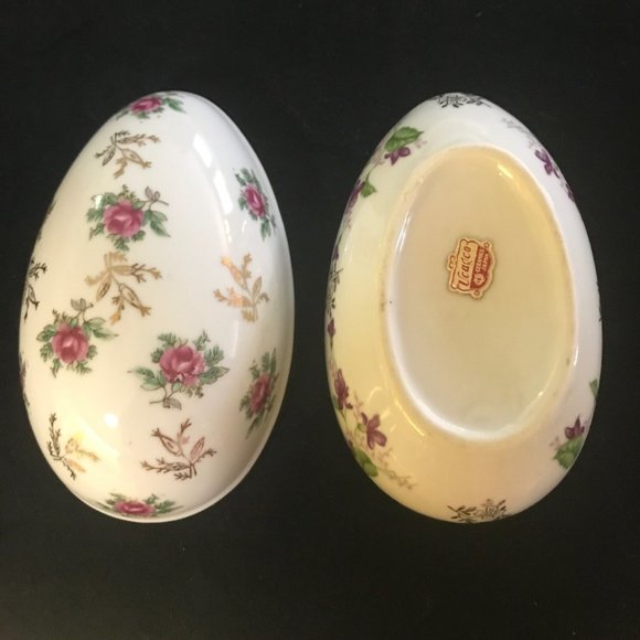 Vintage Ucagco Ceramic Japan Egg Shaped Covered Dish Roses - Picture 4 of 7